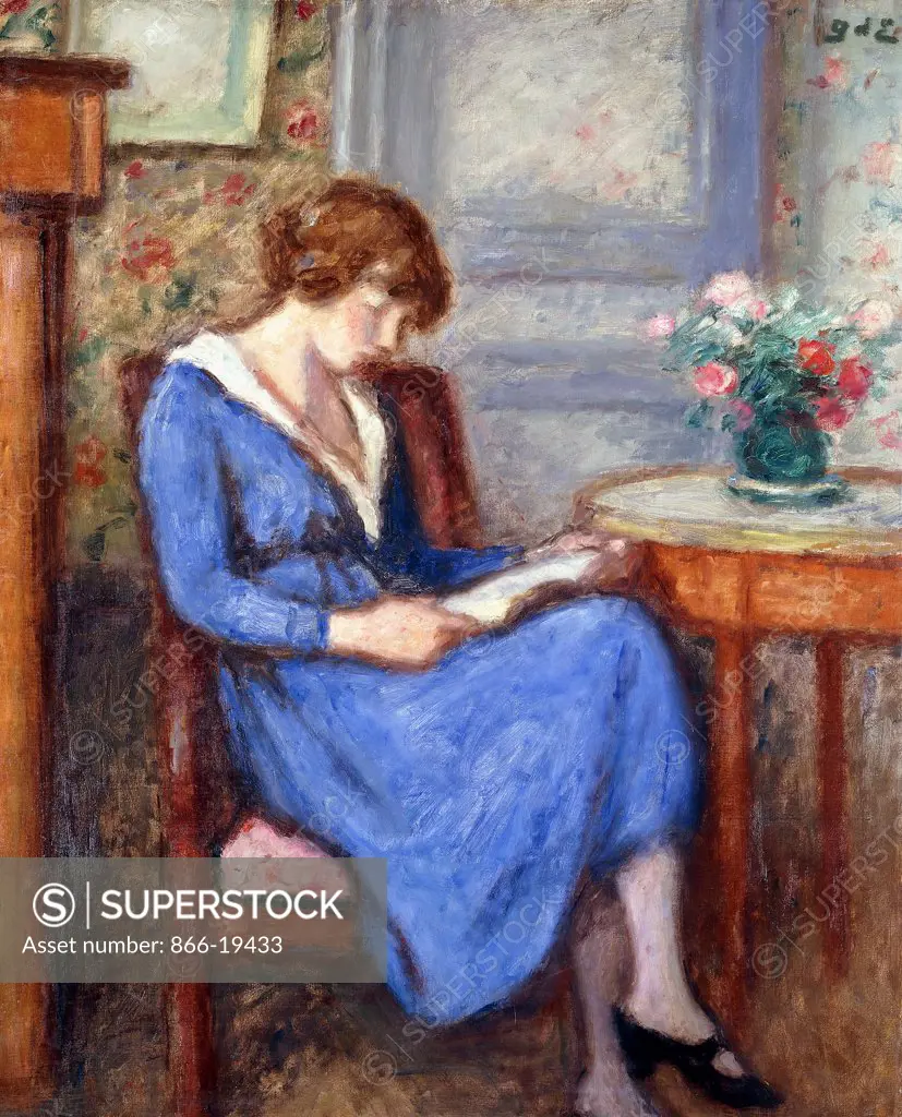 Madame d'Espagnat sitting wearing a Blue Dress; Mme d'Espagnat Assise a la Robe Bleu. Georges d'Espagnat (1870-1950). Oil on canvas. 100.4 x 81.3cm.