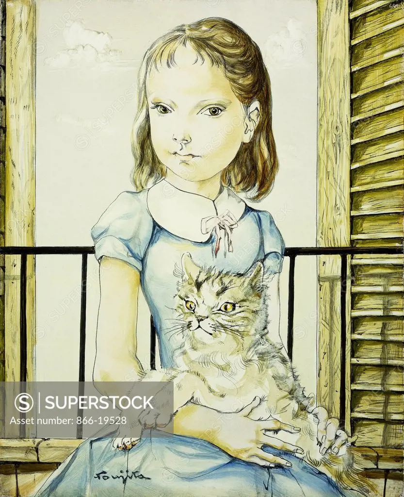 Young Girl with Cat; Jeune Fille avec Chat. Tsugouharu Leonard Foujita (1886-1968). Oil on canvas. Painted in 1957. 27.6 x 22.5cm.