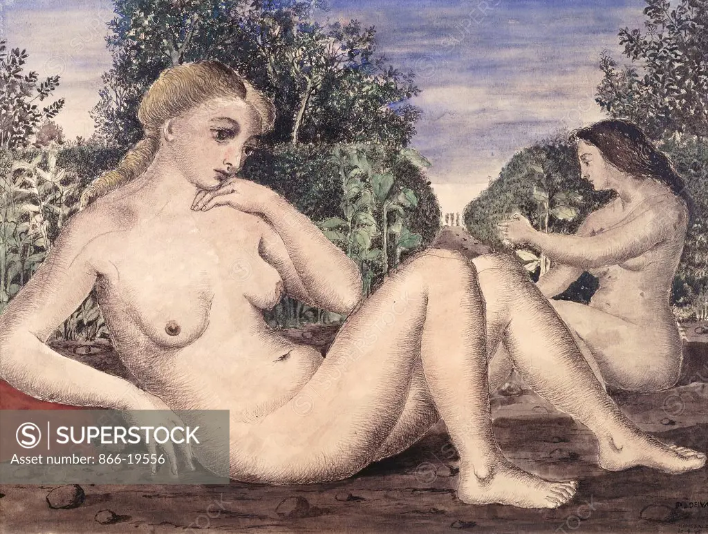 Nude in the Garden; Nus au Jardin. Paul Delvaux (1897-1994). Pen and ink and watercolour on paper. Signed and dated 30-8-45. 55 x 73cm.