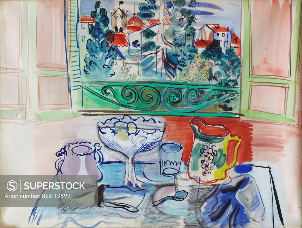 Still life with two Glasses at Ceret; Nature morte aux deux Verres a Ceret. Raoul Dufy (1877-1953). Watercolour on paper mounted on board. Signed and dated 1940. 50 x 66cm.