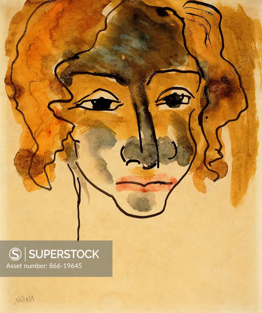 Head of Girl; Madchenkopf. Emil Nolde (1867-1956). Watercolour with brush and black ink on paper. 35 x 28.3cm.