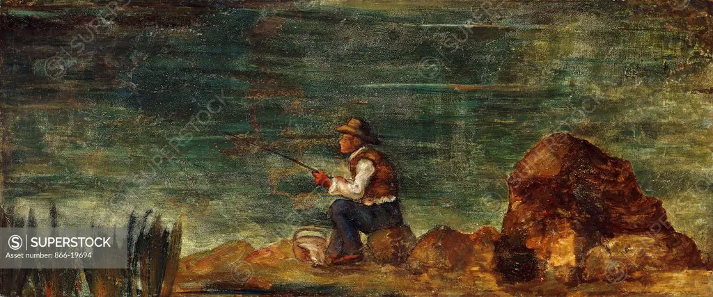 The Fisherman on the Rock; Le Pecheur au Rocher. Paul Cezanne (1839-1906). Oil on canvas transferred from a mural. Painted between 1862 and 1864. 37 x 87cm.
