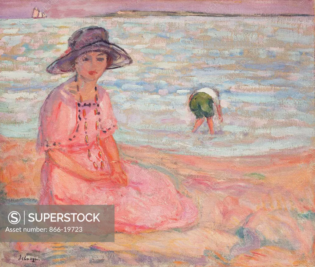 Woman in the Pink Dress by the Sea; Femme a la Robe Rose au bord de la Mer. Henri Lebasque (1865-1937). Oil on canvas. Painted circa 1920. 46.7 x 55.7cm.