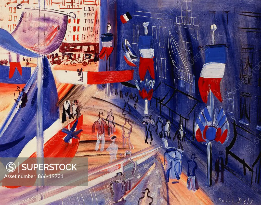 The Street Awash with American Banners; La rue Pavoisee a la Banniere Americaine. Raoul Dufy (1877-1953). Oil on cradled hard board. Painted circa 1930. 47.5 x 55cm.