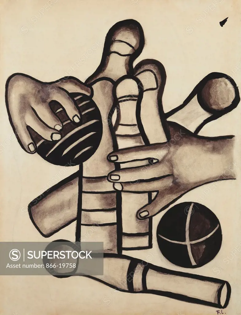 Hands and Bowling; Mains et Quilles. Fernand Leger (1881-1955). Gouache and pen with ink on paper. Painted circa 1948-1949. 64 x 50cm.