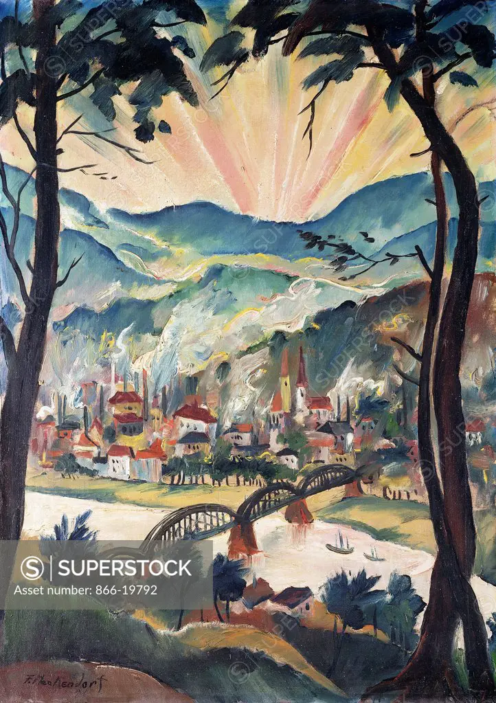 Rhine Landscape; Rheinlandschaft. Franz Heckendorf (1888-1962). Oil on canvas. Painted in 1921. 99.7 x 70cm.
