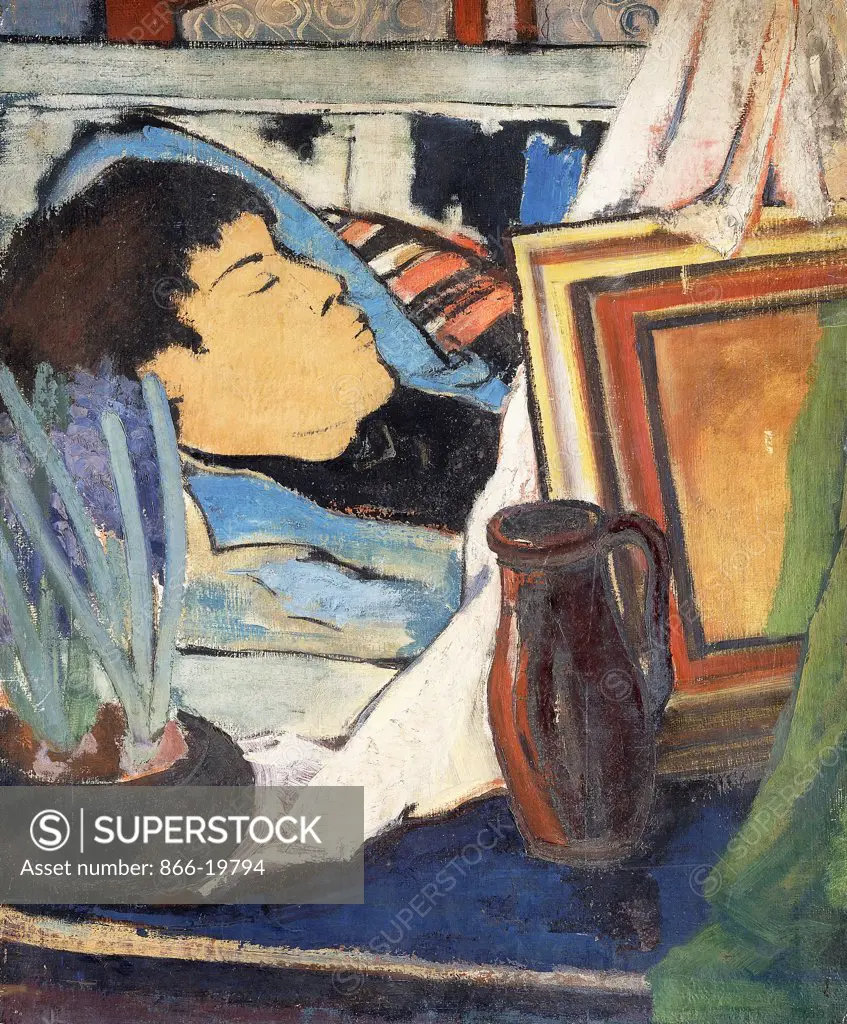 Still Life with Sleeping Young Man; Stilleben mit Schafendem Jungen. Max Kaus (1891-1977). Oil on canvas laid on panel. 77.5 x 64.4cm.