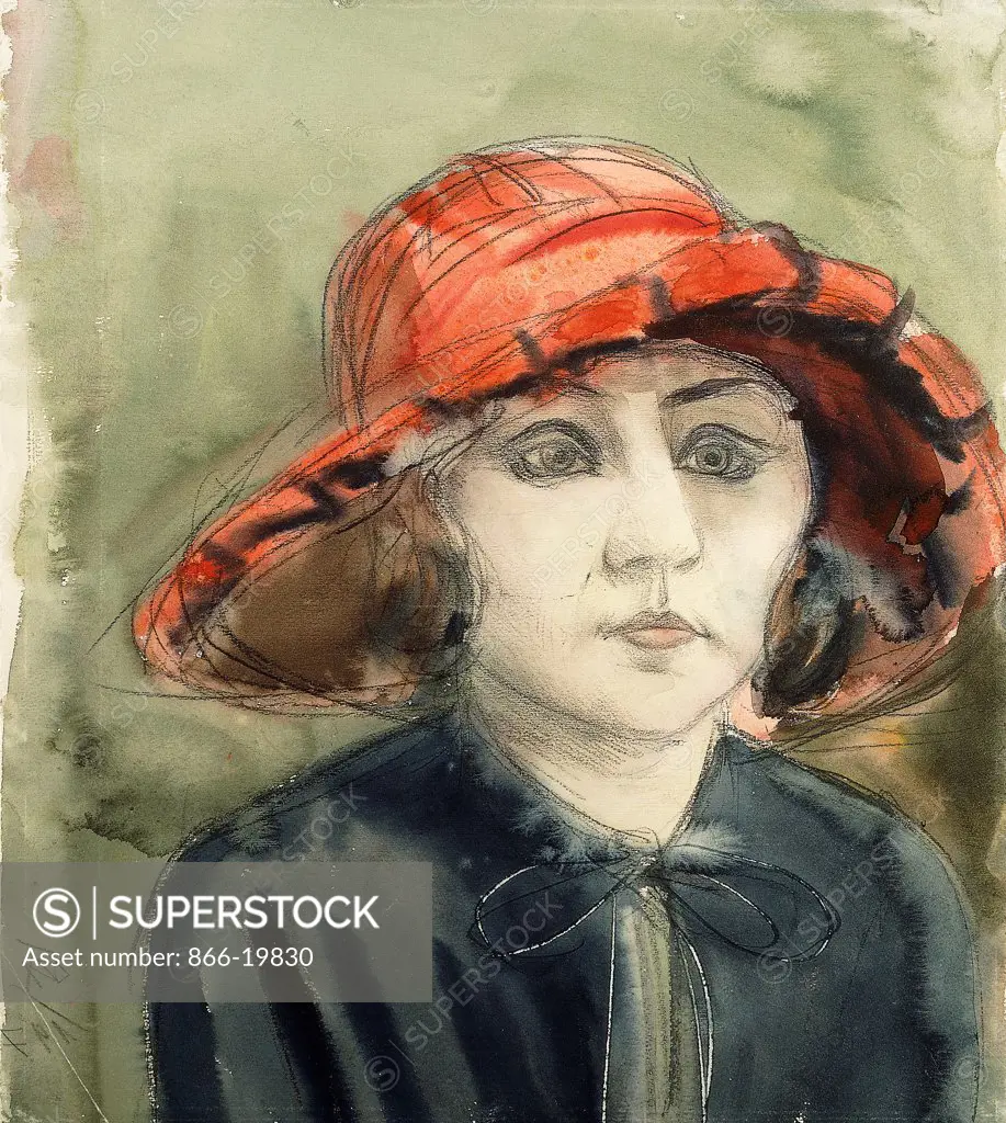 Mutzli - Young lady in a Red Hat: Mrs Martha Dix; Mutzli - Junge Dame in rotem Hut: Frau Martha Dix. Otto Dix (1891-1969). Watercolour on vellum. Executed in 1922. 45 x 39.8cm. In 1923 Dix married Martha Koch, whom he had met in Dusseldorf in 1921. Mutzli, as he affectionately called her, was the model for 18 watercolours between 1922 and 1924.