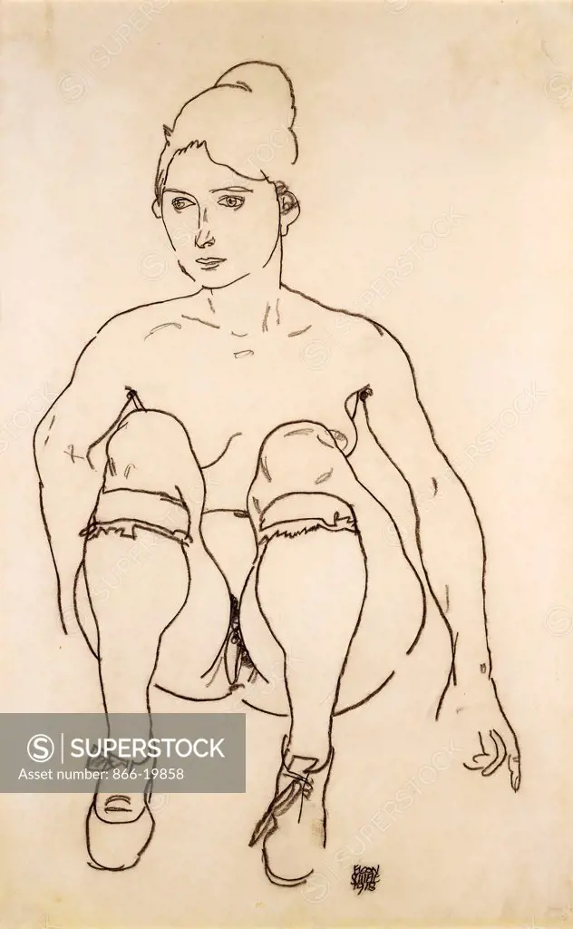 Seated Nude with Shoes and Stockings; Sitzende Akt mit Schuhen und Strumpfen. Egon Schiele (1890-1918). Pencil on paper. Signed and dated 1918. 47.4 x 29.5cm.