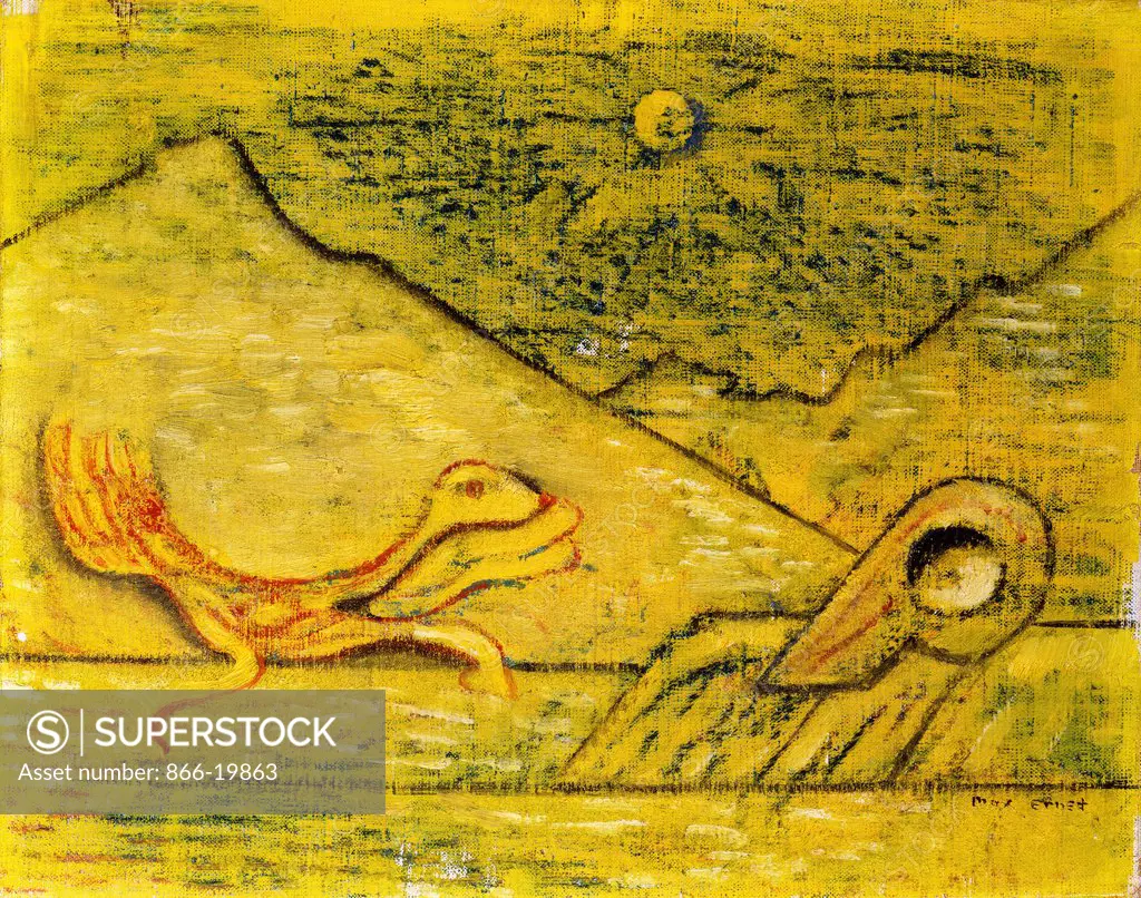 Toad and Snail meet before the Sils Mountains at Maloja; Krote und Schnecke begegnen sich vor den Silser Bergen bei Maloja. Max Ernst (1891-1976). Oil on canvas. Painted circa 1934-1935. 18 x 23.2cm.