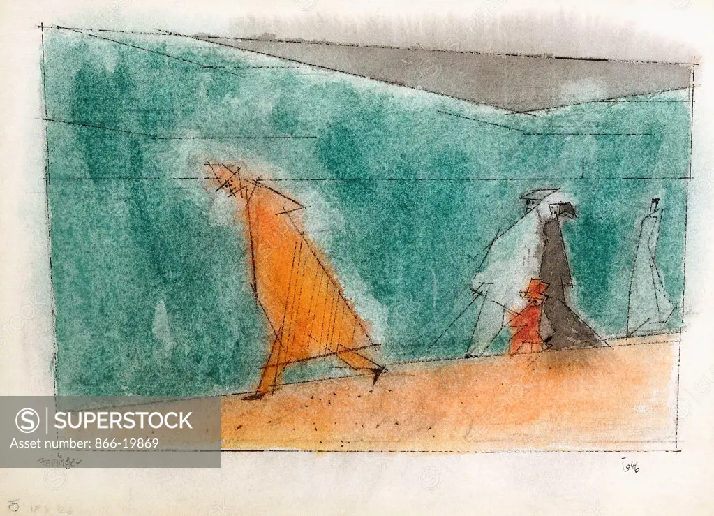 Walkers with a Small Child in Red; Spazierganger mit kleinem Kind in Rot. Lyonel Feininger (1871-1956). Watercolour and pen and black ink on paper. Signed and dated 1946. 28.9 x 38.7cm.