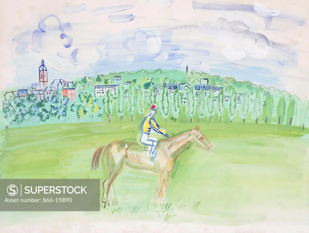 Horse and Jockey at Deauville; Cheval et Jockey a Deauville. Raoul Dufy (1877-1953). Gouache on paper. Executed in 1939. 51 x 70.8cm.