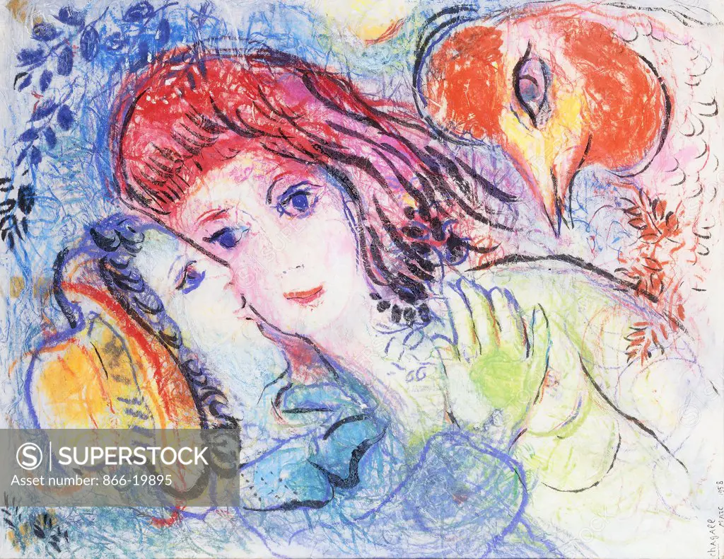 The Lovers and a Cock; Les Amoureaux et Coq. Marc Chagall (1887-1958). Gouache and coloured chalks over brush and black ink on Japan paper. Signed and dated 1958. 65 x 52cm.