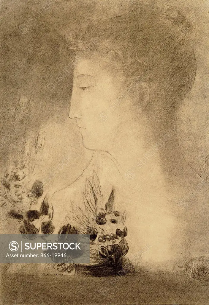 Woman in profile with a Laurel Wreath; Profil de Femme avec Couronne de Lauriers.  Odilon Redon (1840-1916). Charcoal on paper. 44 x 30.5cm