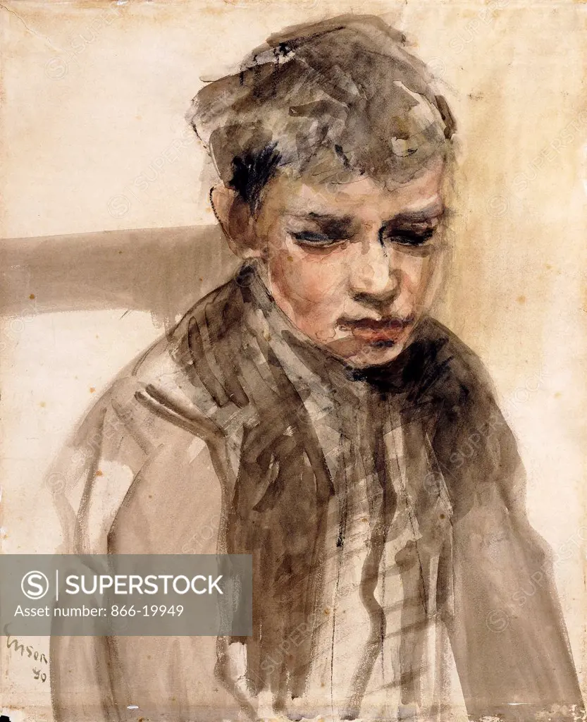 Study of a Young Boy; Etude de Jeune Garcon.  James Ensor (1860-1949). Charcoal, watercolour and grey wash on paper. Executed in 1890. 56.6 x 47cm