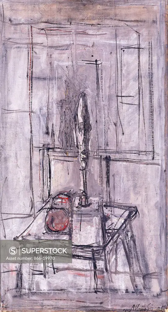 Still life in the Studio; Nature Morte dans l'Atelier. Alberto Giacometti (1901-1966). Oil on canvas. Painted in 1950. 57 x 31.2cm.