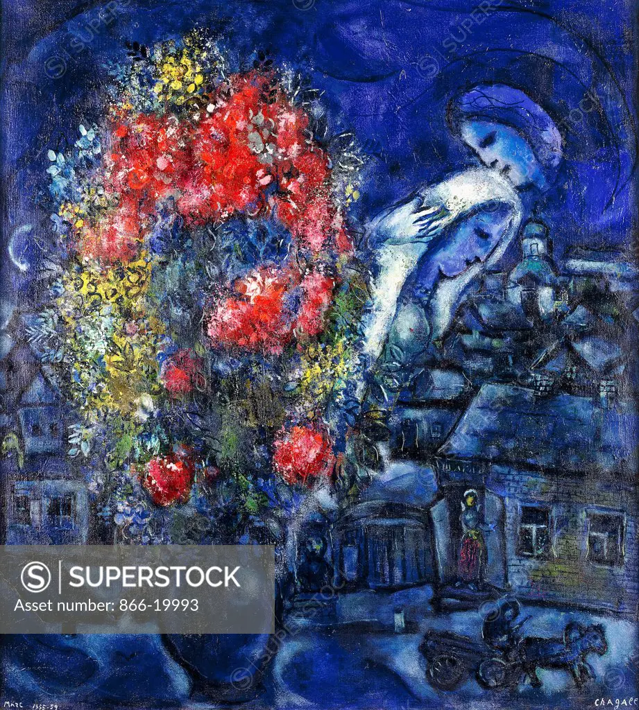The Blue Village; Le Village Bleu. Marc Chagall (1887-1985). Oil on canvas. Signed and dated 1955-1959. 78 x 71cm.