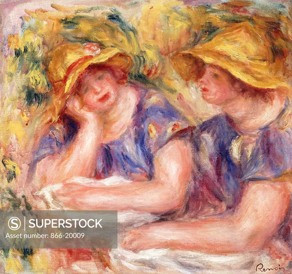 Two Women in Blue Dresses (The Two Sisters); Deux Femmes en Corsage Bleu (Les Deux Soeurs). Pierre-Auguste Renoir (1841-1919). Oil on canvas. Painted in 1919. 32 x 34cm.