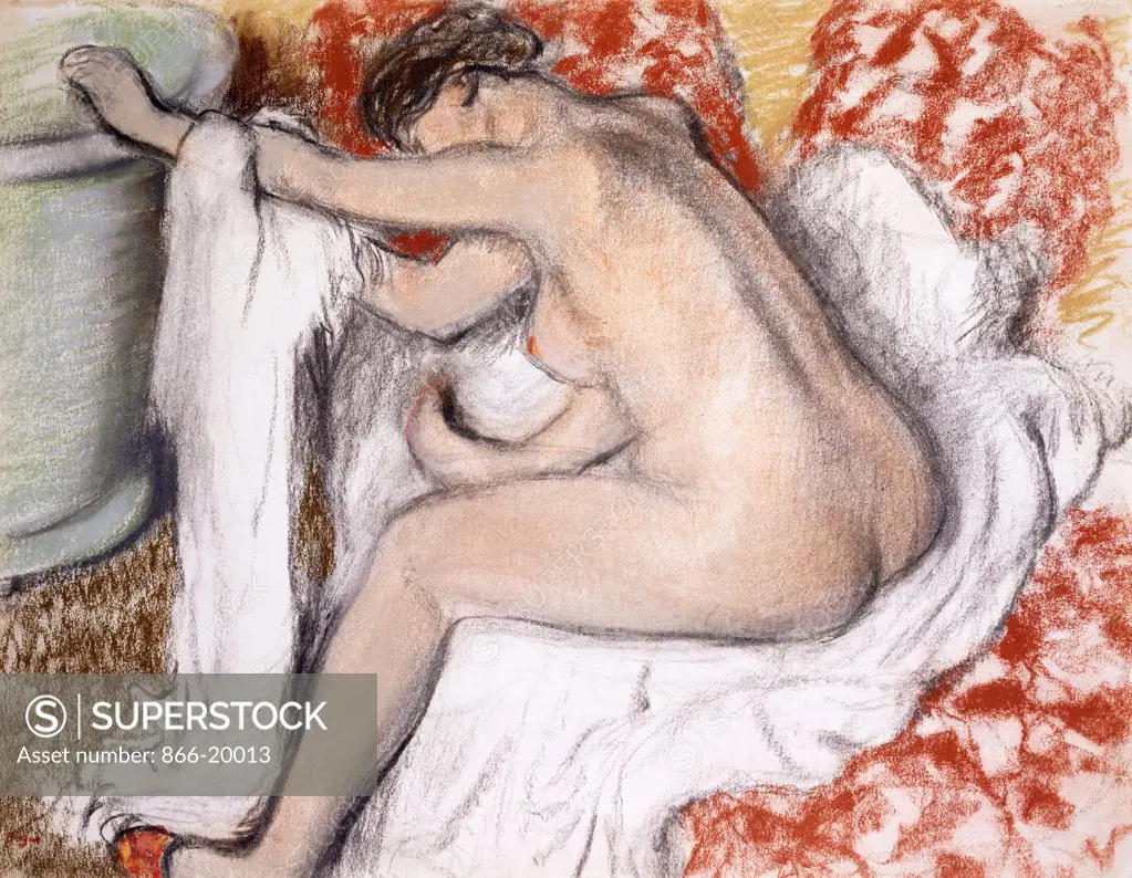 After the Bath (Woman Drying Herself); La Sortie du Bain (Femme S'Essuyant). Edgar Degas (1834-1917). Pastel over monotype on paper. Drawn circa 1885. 44 x 24cm.