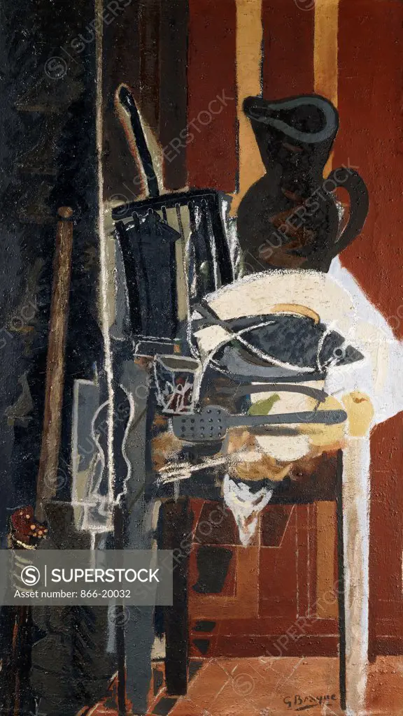 The Table in the Kitchen with Grill; La Table de Cuisine au Gril. Georges Braque (1882-1963). Oil and sand on canvas. Painted in 1943-44. 130 x 73.5cm.