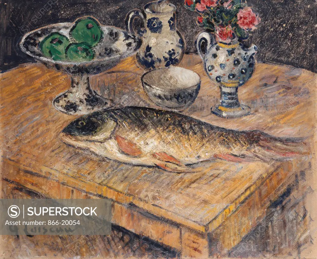 Still Life with Fish, Flowers and Apples; Nature Morte aux Poisson, Fleurs et Pommes. Gustave Loiseau (1865-1935). Oil on board. 51 x 61cm.