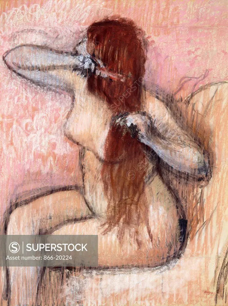 Nude Seated Woman Arranging her Hair; Femme nu assise, se coiffant. Edgar Degas (1834-19). Pastel and charcoal on joined sheets of buff paper laid down on board. Executed circa 1887-1890. 70 x 53.5cm.