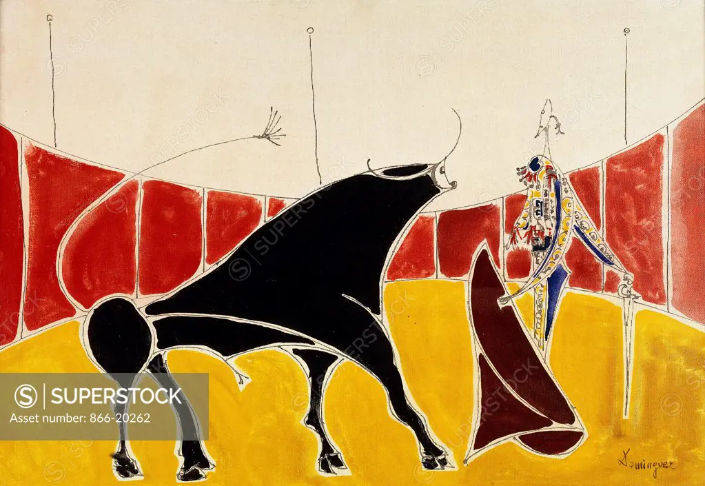 Bull and Bullfighter; Toro y Toreros. Oscar Dominguez (1906-1957). Thinned oil on canvasboard. 38 x 55cm.