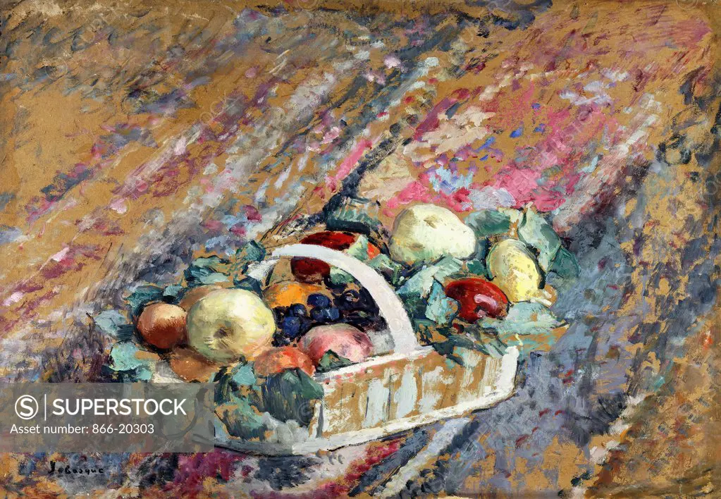 Still Life with a Basket of Fruit; Nature Morte au Panier de Fruits. Henri Lebasque (1865-1937). Oil on cardboard. 64.5 x 75cm.