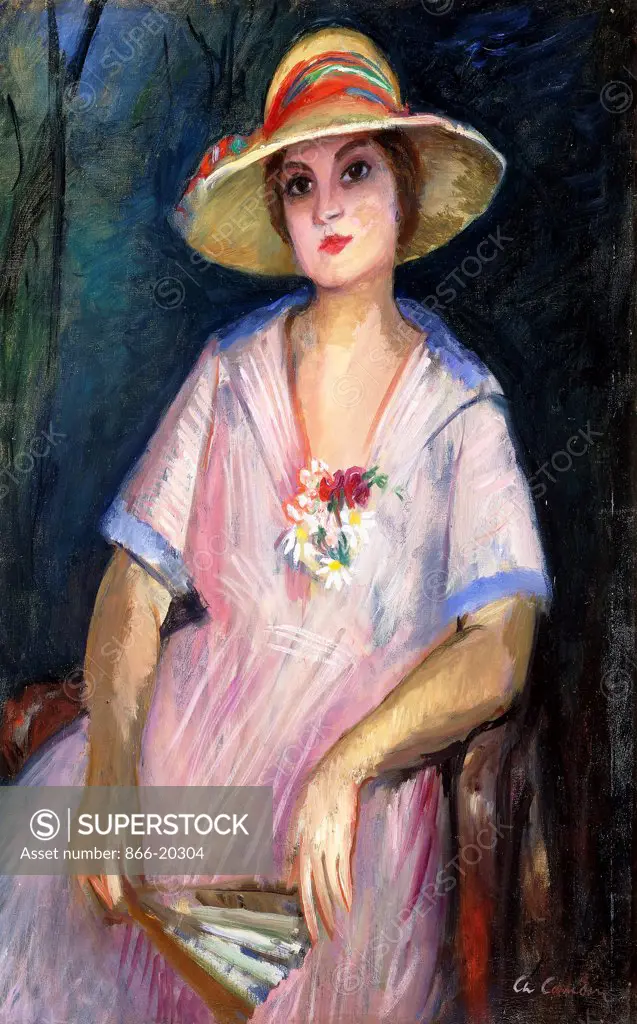Lola Sitting with a Large Hat; Lola Assise au Grand Chapeau. Charles Camoin (1879-1965). Oil on canvas. Painted in 1920. 81 x 65cm.