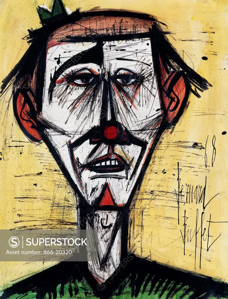Le Clown. Bernard Buffet (1928-1999). Gouache with brush and black ink on paper. Signed and dated 1968. 63.5 x 49.5cm.
