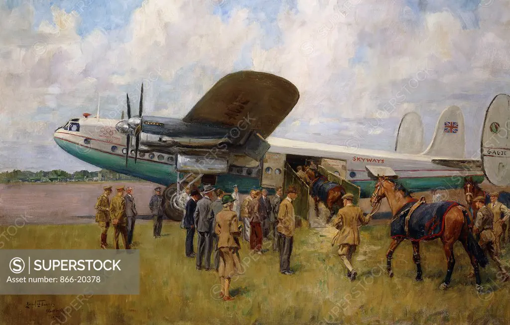 The British Olympic Equestrian Team boarding the Aeroplane, for the 1952 Helsinki Olympics. Lionel Edwards (1878-1966). Oil on canvas. Dated 1952. 61 x 91.5cm. Harry Llewellyn, who captained the Gold Medal Team, is depicted supervising the loading of his horse, 'Foxhunter' together with other members of the Team at Blackbushe Aerodrome.