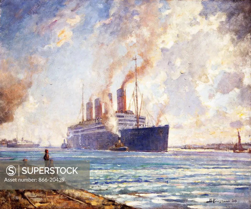 The Aquitania coming up Southampton Water. Bertram Priestman (1868-1951). Oil on canvas. Dated 1930. 63.5 x 76.8cm