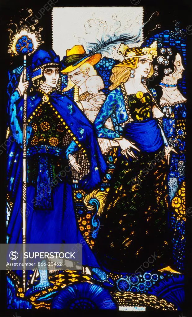 'Queens', nine glass panels acided, stained and painted, Illustrating J.M. Synge's poem, designed and executed by Harry Clarke in 1917. 'The Queens of Sheba, Meath and Connaught'. Harry Clarke (1889-1931). Painted glass. 30.5 x 18.4cm.