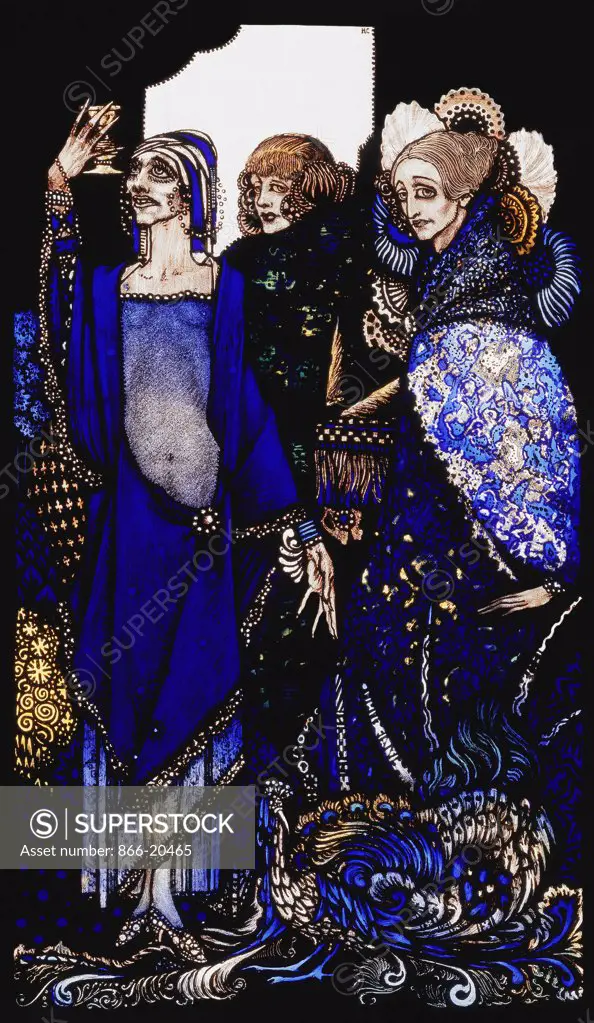 'Queens', nine glass panels acided, stained and painted, Illustrating J.M. Synge's poem, designed and executed by Harry Clarke in 1917. 'Queens who wasted the East by proxy.... Harry Clarke (1889-1931). Painted glass. 30.5 x 18.4cm.