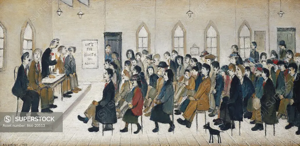 Political Meeting, Ashton-Under-Lyne. Laurence Stephen Lowry (1887-1976). Oil on canvas. Signed and dated 1953. 30.5 x 61cm.