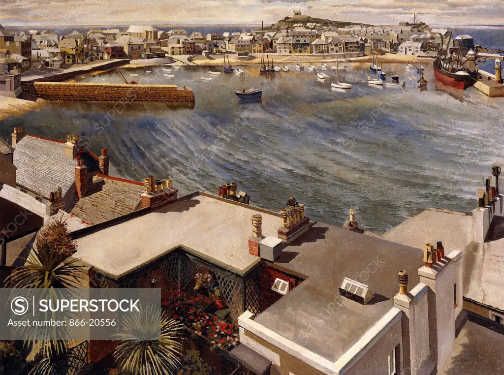 The Harbour, St Ives. Stanley Spencer (1891-1959). Oil on canvas. Painted in 1937. 71 x 94cm. Spencer visited St. Ives in June and July 1937 accompanied by his second wife Patricia Preece, whom he had married on 29 May. During the visit they stayed at The Cobbles at Harrys Court and Spencer painted five views of the area.