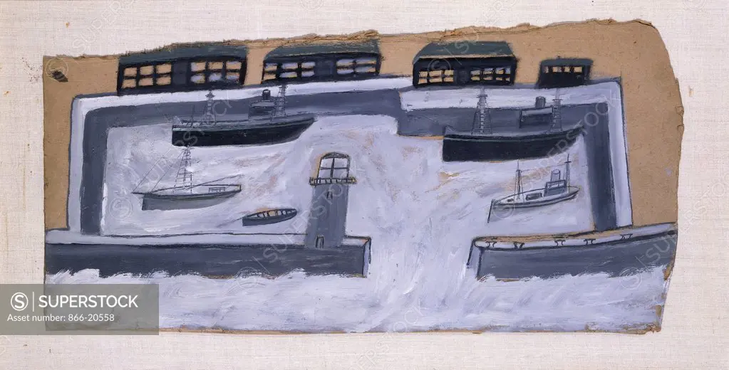 Houses and Ships. Alfred Wallis (1855-1942). Pencil and gouache on board. 30.5 x 63.5cm.
