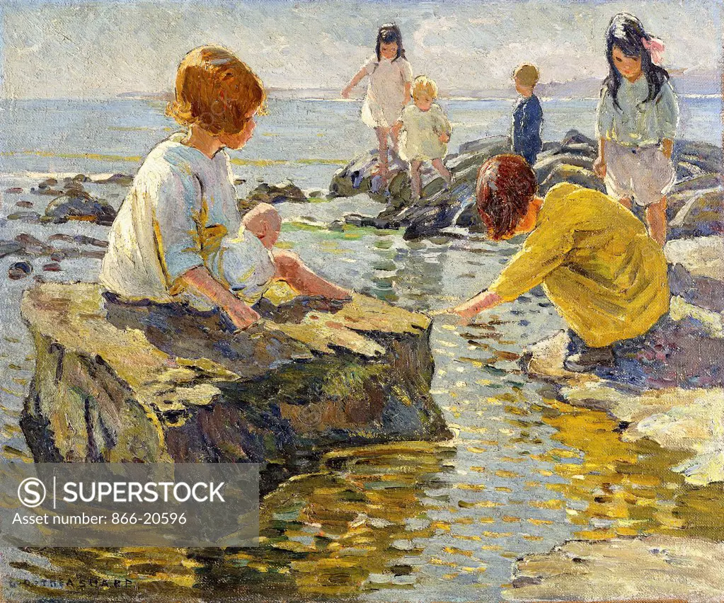 Children Playing by a Rockpool. Dorothea Sharp (1874-1955). Oil on canvas. 64 x 77cm. There is another oil painting on the reverse of children playing on a beach.