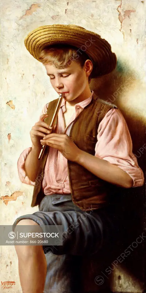 A Young Boy with a Flute. Vittorio Rignano (1860-1916). Oil on canvas. 100.3 x 50.2cm.
