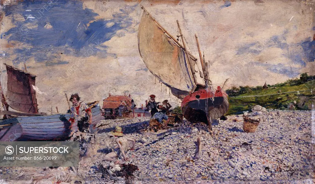 Etretat Beach North of Le Havre; Spiagia di Etretat a Nordi di Le Havre. Giovanni Boldini (1842-1931). Oil on panel. Painted circa 1870-72. 14 x 23.8cm.