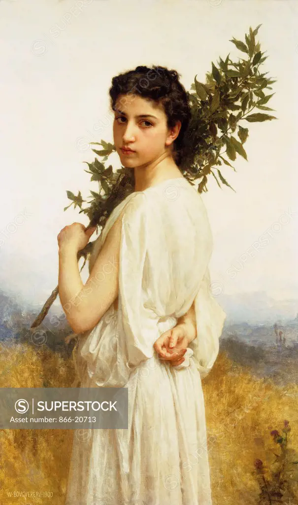 A Nymph Holding a Laurel Branch. William-Adolphe Bouguereau (1825-1905). Oil on canvas. Painted in 1900. 160.8 x 71.1cm.