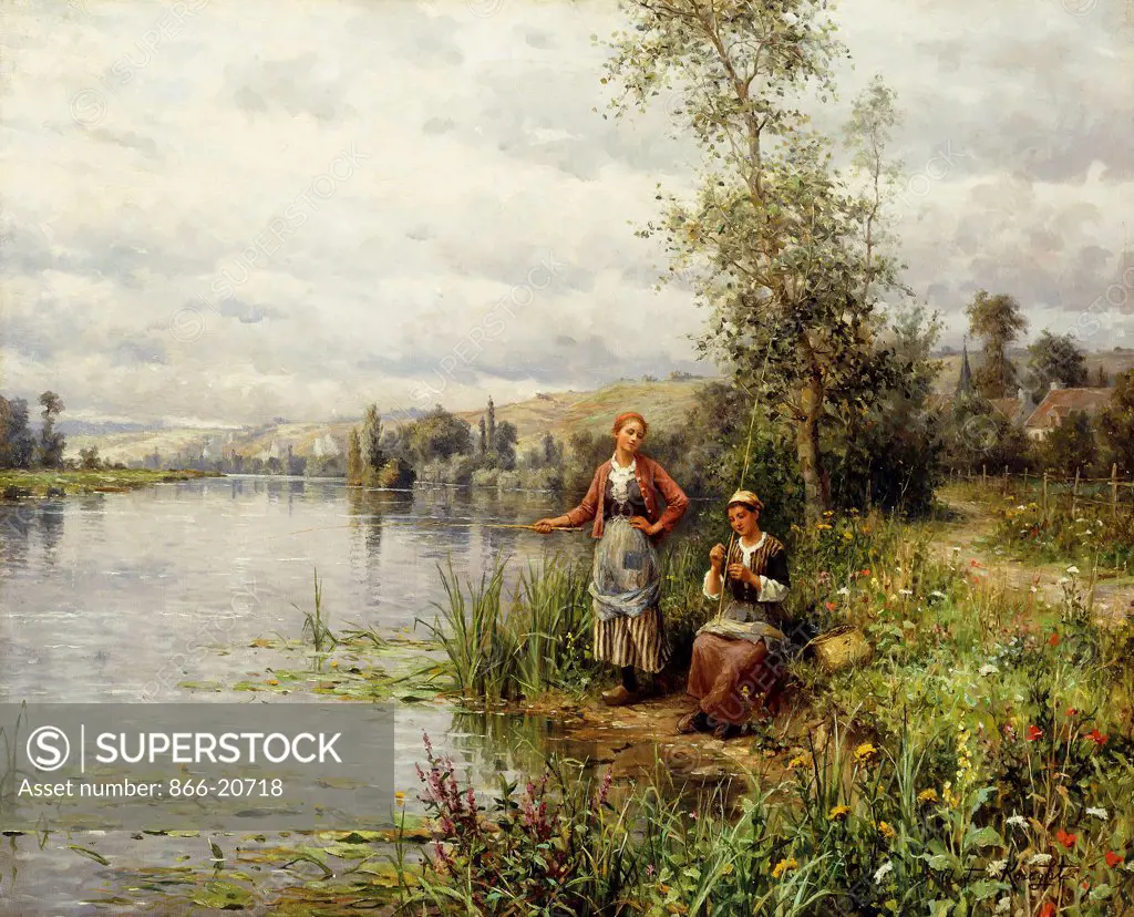 Country Women Fishing on a Summer Afternoon. Louis Aston Knight (1873-1948) and Daniel Ridgway Knight(1839-1924). Oil on canvas. 67.3 x 83.3cm.