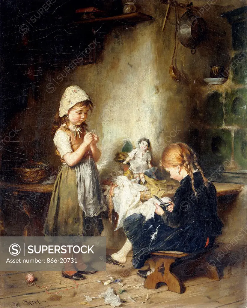 The Young Seamstresses. Heinrich Hirt (active 1872-1883). Oil on canvas. 49 x 39.7cm.