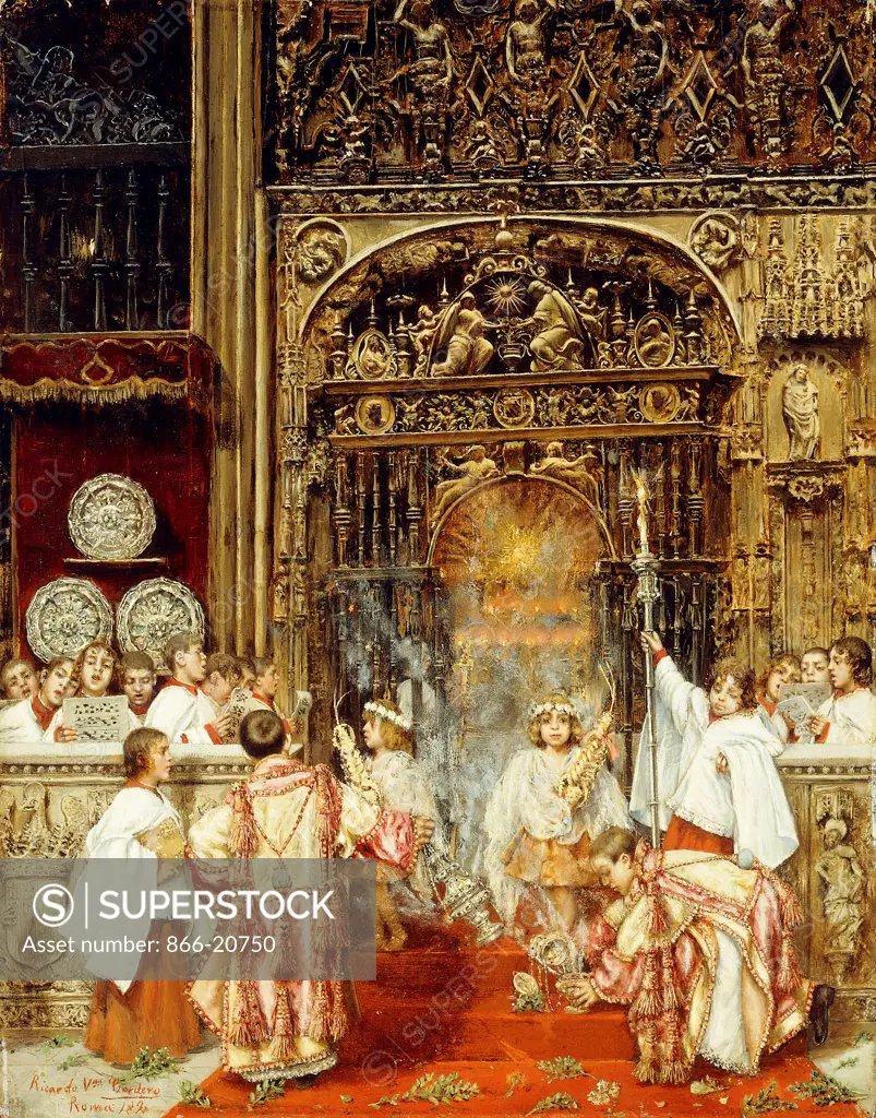 A Feast Day. Ricardo Villegas Y Cordero (1849-1896). Oil on panel. Painted in 1890. 41 x 31.8cm.
