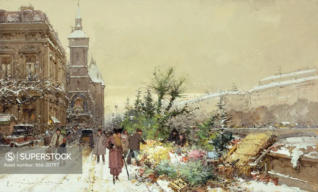 Flower Market; Marche aux Fleurs. Eugene Galien-Laloue (1854-1941). Gouache over black chalk. 18.1 x 31.1cm.