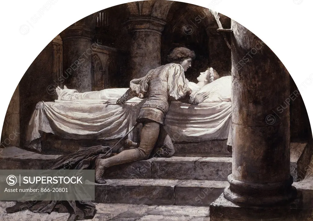 Scenes from Romeo and Juliet: The Tomb (V, III). Frank Dicksee (1853-1928). Gouache, en grisaille. Painted in 1882. 31.1 x 43.9cm.