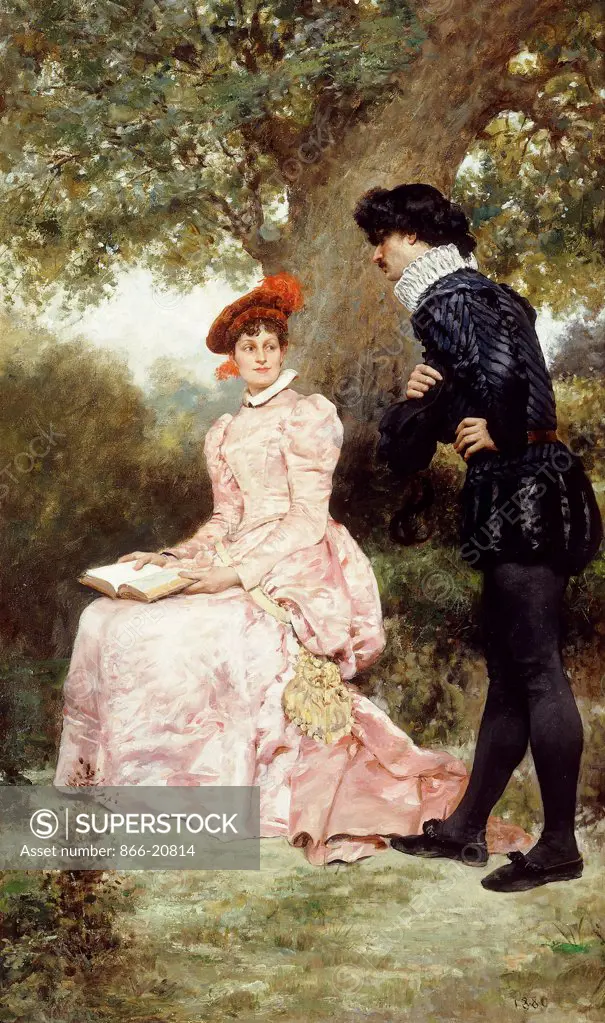 A Courting Couple. Jules Arsene Garnier (1847-1889). Oil on canvas. Painted in 1880. 78.7 x 47.3cm.