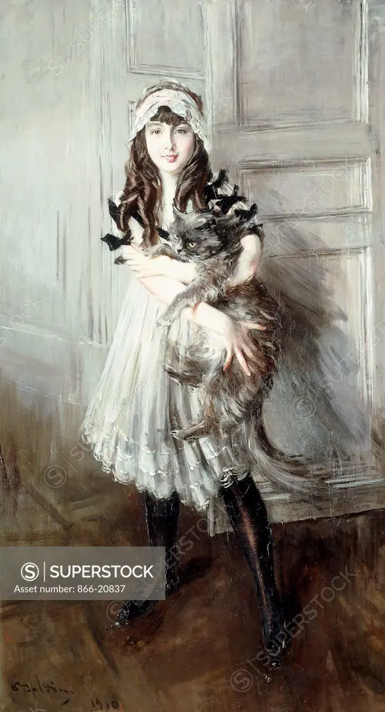 Portrait of Josefina Errazuriz Holding a Cat. Giovanni Boldini (1842-1931). oil on canvas. Painted in 1888. 188 x 105.3cm.