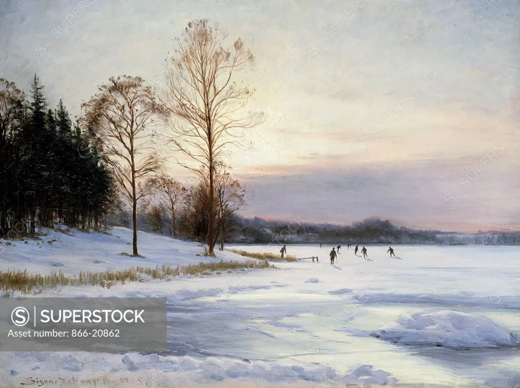 Skaters on a Frozen Pond. Sigvard Hansen (b.1859).  Oil on canvas. Painted in 1905. 49.5 x 67.4cm.