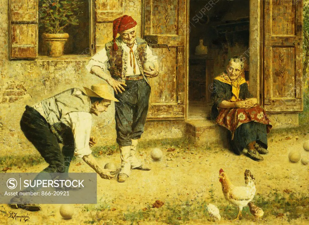 A Game of Bocci. Eugenio Zampighi (1859-1944). Oil on canvas. 56.5 x 76.8cm.